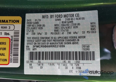 2024 Ford Bronco Sport Big Bend из США, поврежденный, VIN 3FMCR9B68RRE21059